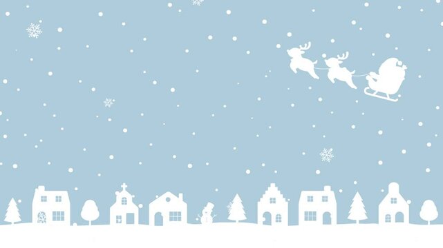Animated Christmas vector background with houses and santa claus in snow
