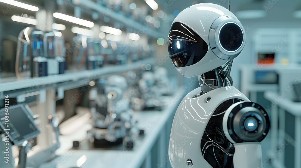Poster ai robot looking at its reflection in science lab