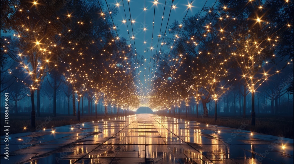 Poster a beautiful light display made with string lights of technological power grid systems.