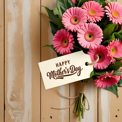A greeting card with pink flowers and a ribbon with the words happy mothers day written ai genrative