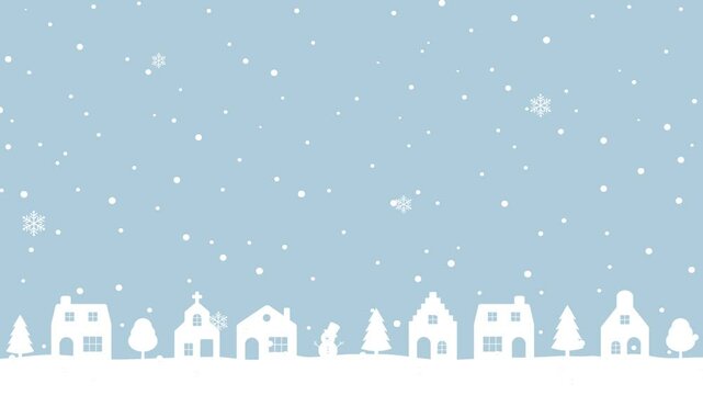 Animated Christmas vector background with houses and trees in snow