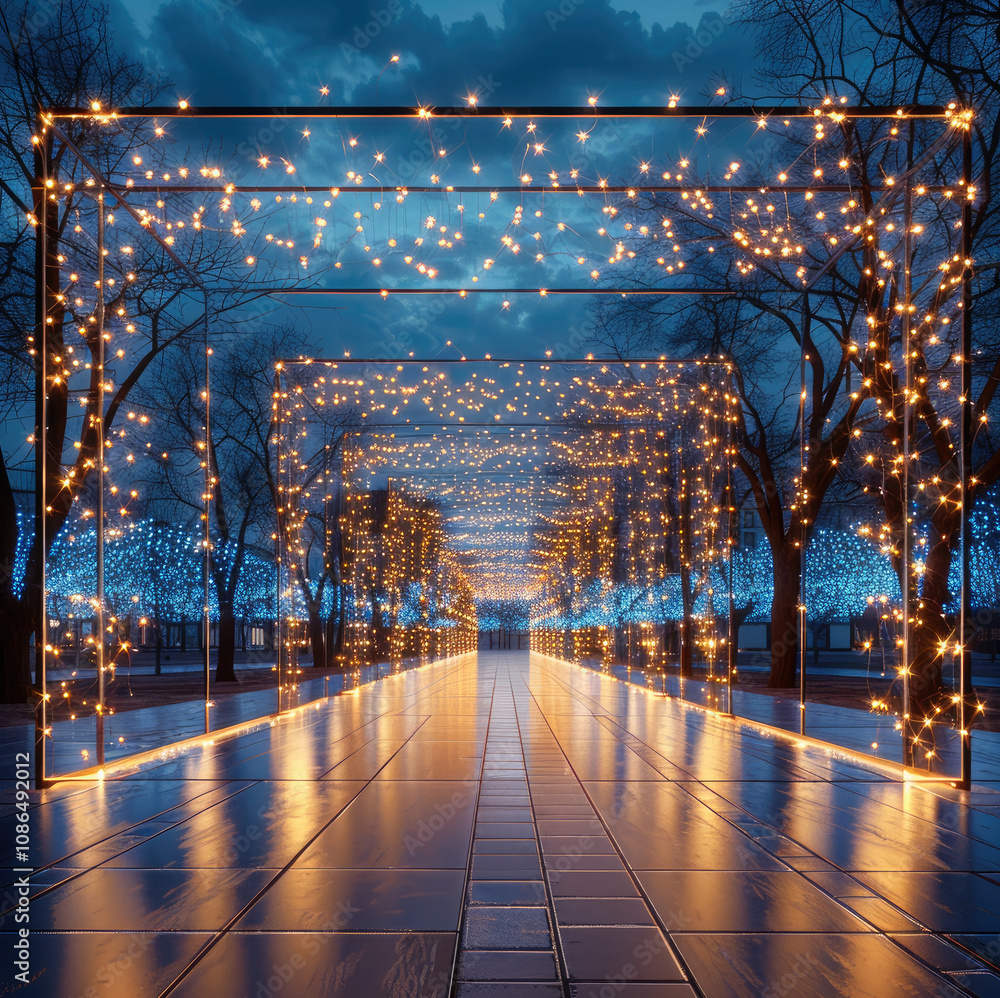 Aufkleber a beautiful light display made with string lights of technological power grid systems.