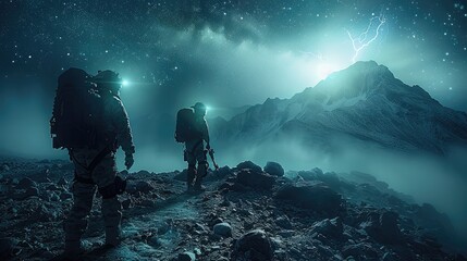A search and rescue team using night vision goggles to locate missing individuals in a mountainous area at night. The team is surrounded by rugged terrain.