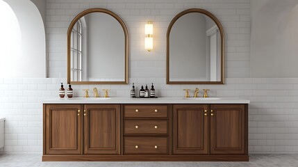 Stylish bathroom featuring walnut wooden cabinets, dual arched mirrors, and subtle gold accents for a luxurious look ,