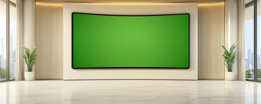 Modern conference room with a large green screen and minimalistic design, ideal for presentations and creative projects.