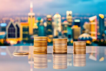 Stacks of Coins with a Vibrant City Skyline.generative AI
