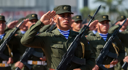 Paraguayan soldiers giving salute during ceremony military, glory and honor, dignified military uniform