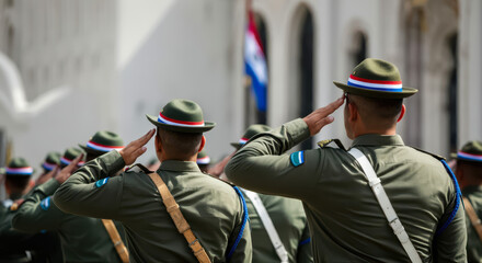 Paraguayan soldiers giving salute during ceremony military, glory and honor, dignified military uniform