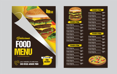Double sided a4 size Food menu template, Fast food menu board, Burger menu, Restaurant price card, editable Double sided Restaurant menu template design