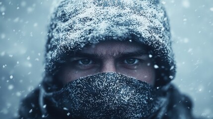 Intense Man Frozen Face Winter Blizzard Snow Cold Weather