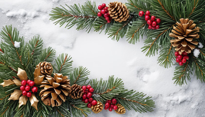 "Festive Christmas card on a white surface, decorated with cherry tomatoes, leaf's with space for text."