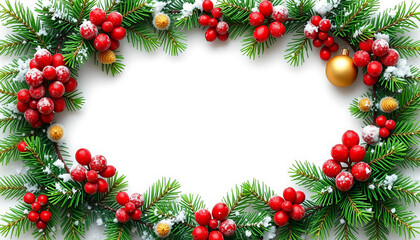 "Festive Christmas card on a white surface, decorated with cherry tomatoes, leaf's with space for text."