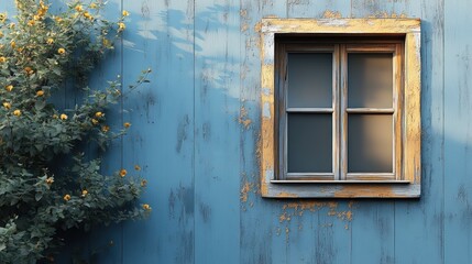 A rustic window on a blue wall surrounded by greenery.