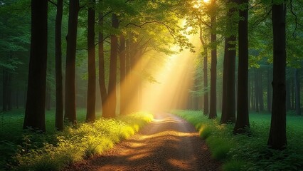 Obraz premium Forest scene dawn_dusk dirt path trees light