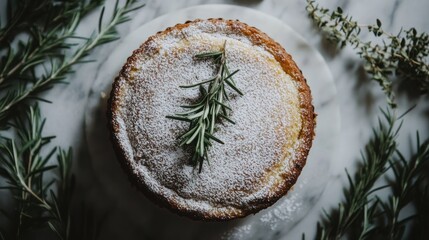 Rustic olive oil cake with a powdered sugar dusting, surrounded by sprigs of rosemary 