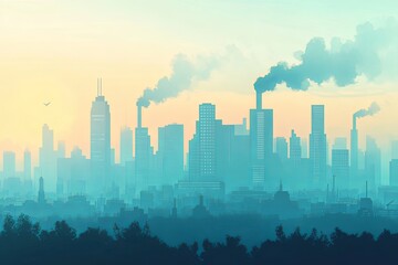 city skyline with smog and pollution, showcasing industrial buildings