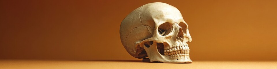 Realistic Human Skull on a Warm Background, Capturing the Intricacies of Anatomy and Bone Structure for Educational and Artistic Purposes in Various Projects