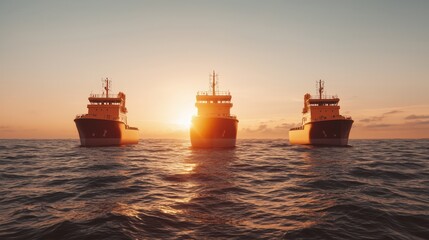 Fototapeta premium Majestic Sunset Three Cargo Ships at Sea Golden Hour Ocean View