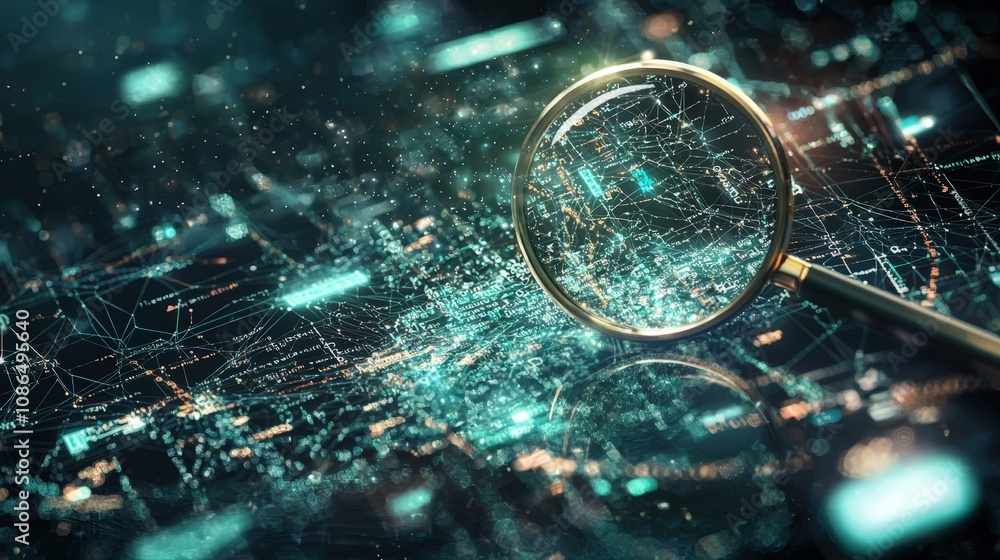 Poster seo optimization magnifying glass on data network