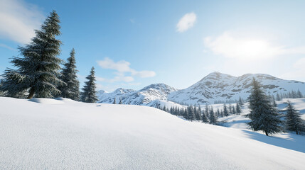 Serene winter mountain landscape with snowy pines and clear skies