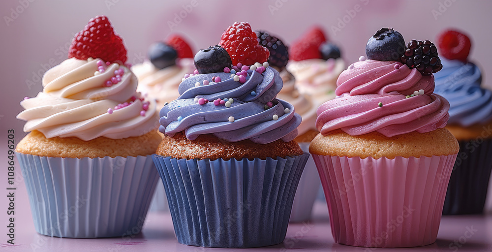 Poster five colorful cupcakes in a row, each with unique frosting and decorations, vibrant colors like pink