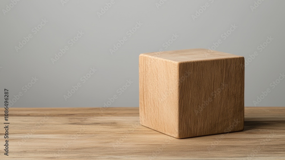 Poster Natural Wooden Cube Block on Table Minimalist Product Display Mockup