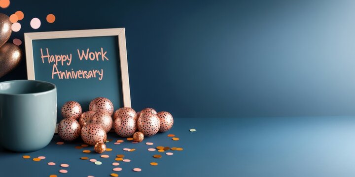 Happy work anniversary concept. Festive workspace decoration with a message celebrating work anniversary, colorful confetti, and decorative balls.