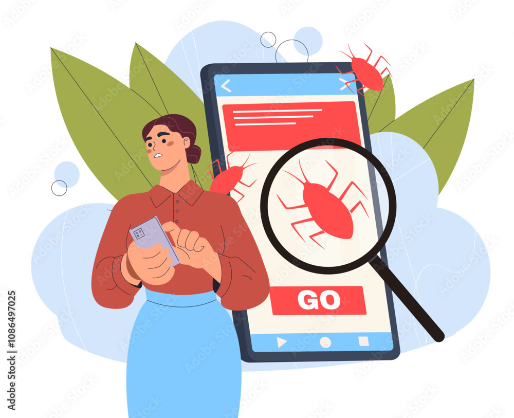 Poster virus in phone. young girl with huge smartphone looks at bugs on screen. danger on internet and hack