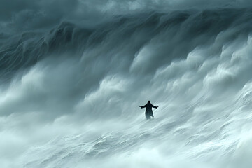 Solitary figure silhouetted against a dramatic, windswept, snow-covered landscape, conveying themes of resilience and perseverance amidst a powerful storm.