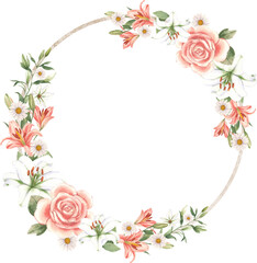 Hand-drawn pink rose and blooming pink lily watercolor