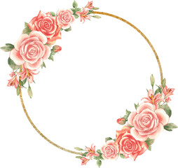 Hand-drawn red and pink roses with lush green leaves watercolor