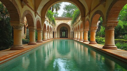 A serene pool surrounded by arches and greenery, evoking tranquility and architectural beauty.