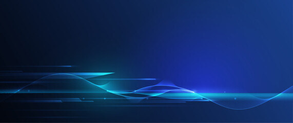Vector Abstract, science, futuristic, energy technology concept for wallpaper background. Digital image design with line pattern, neon light, speed and motion blur over dark blue background