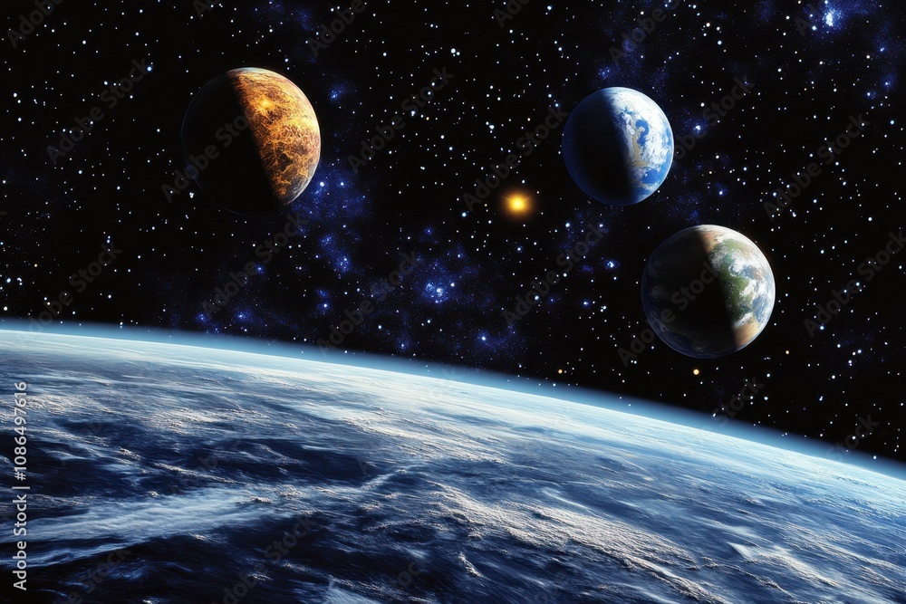 Canvas Prints a vibrant view of four planets in a deep blue and star filled space.