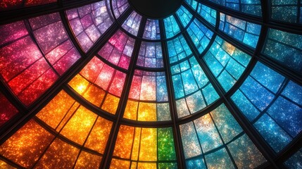 A vibrant stained glass ceiling showcasing a spectrum of colors and patterns.