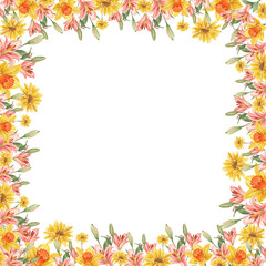 Hand-drawn frame of yellow gerbera daisy with pink lily