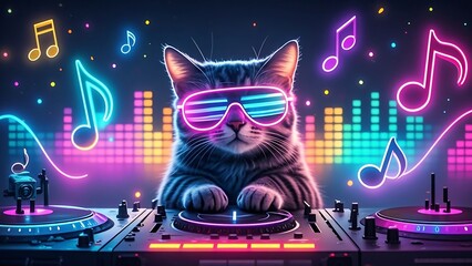 Cool cat DJing at a vibrant neon party.