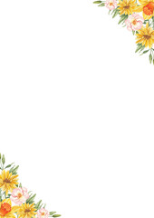 Obraz premium Hand-drawn frame of yellow lily with gerbera daisy blooms