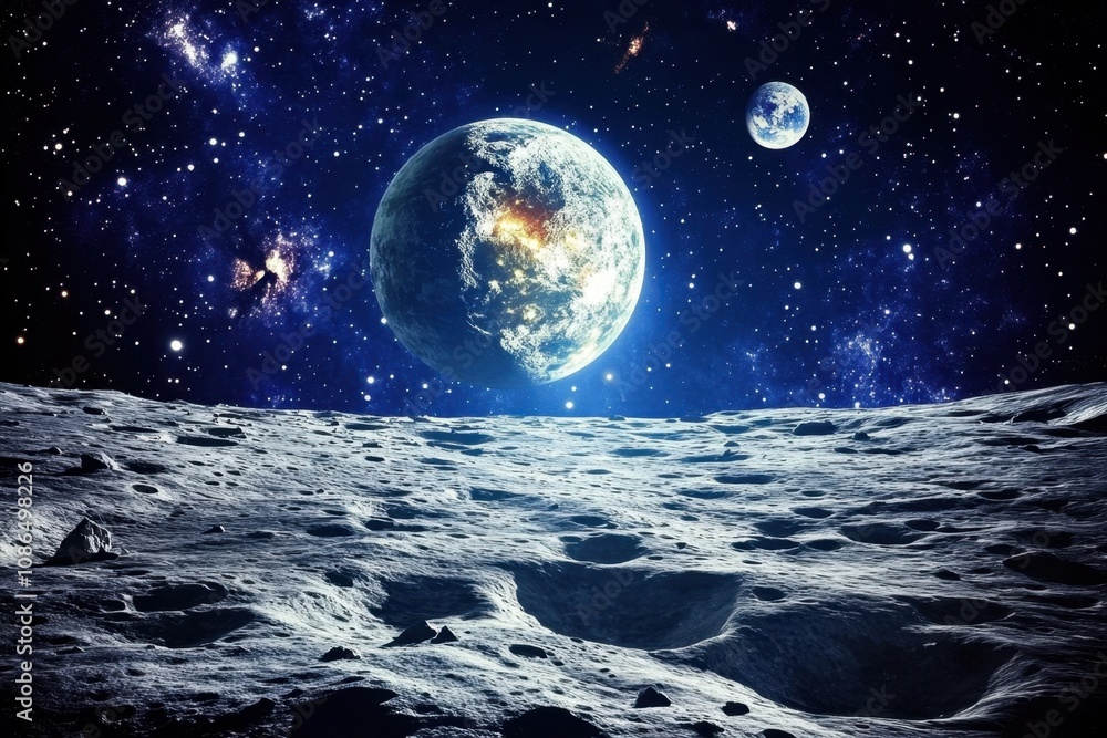 Canvas Prints a view of earth from the moon's surface with a starry sky in the background.