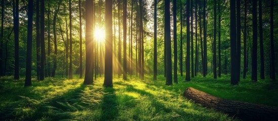 Beautiful landscape forest tall trees sun shining through