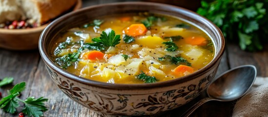 Bowl soup wooden table appears to be vegetable Classic cabbage