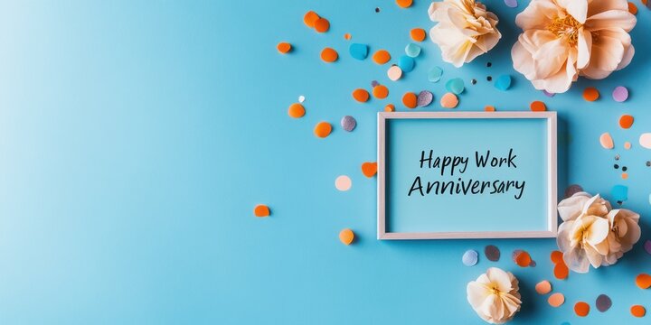 Happy work anniversary sign surrounded by colorful confetti and flowers on a blue background.