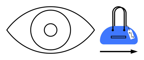 Eye symbol next to a blue handbag with price tag and directional arrow suggesting movement. Ideal for e-commerce, delivery services, online shopping, retail, advertising, consumer behavior