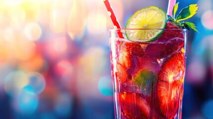 Refreshing strawberry cocktail with lime and mint garnishes in a tall glass with a red straw.