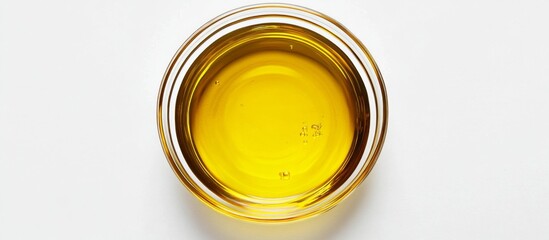 Close-up round glass bowl filled yellow liquid Isolated view of cooking