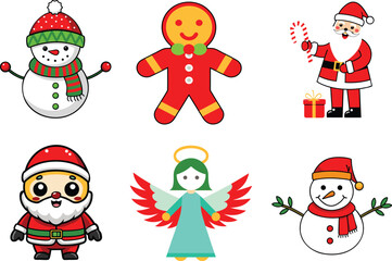 Adorable collection of Christmas characters, including snowman, Santa Claus, Blue Angel, and gingerbread vector illustration.