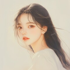 Naklejka premium コーラル色の唇で横目を向ける女の子