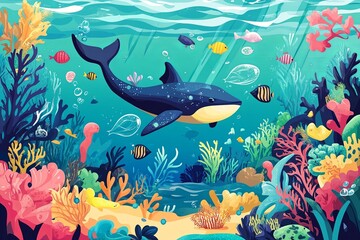 Fototapeta premium vibrant ocean scene with whale swimming among colorful coral and fish