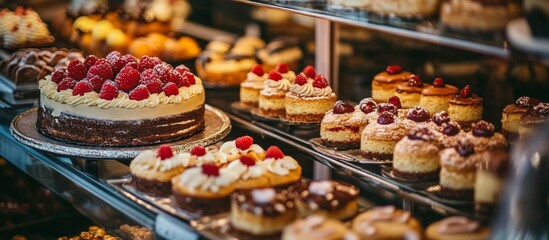 Fototapeta premium Display case filled variety pastries cakes is made French showcased