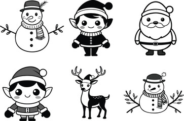 Festive Christmas Characters in Flat Design, vector illustration line art set of deer, elf, snowman, Santa Claus, all character wearing Christmas  hat.